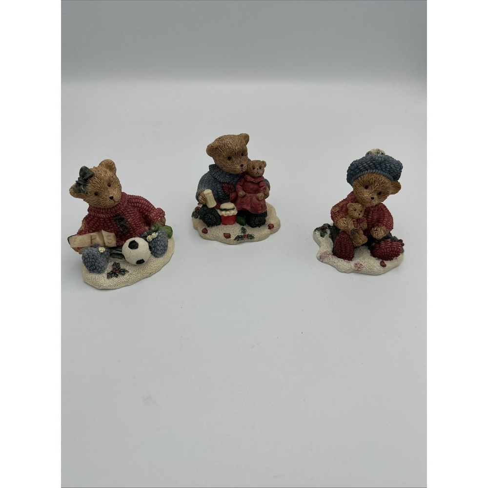 Lot Of 3 Resin Teddy Bear Figurines Christmas Holiday Holly Soccer Mommy Baby 3"